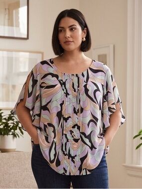 Calvin Klein Lavender, Mint & Black Abstract Flutter Sleeve Top Size 3X